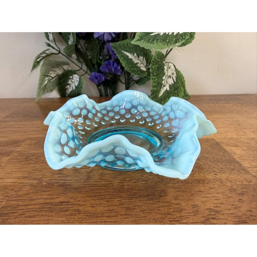Fenton Blue Opalescent Hobnail Ruffled Bowl Vintage Mid Century Art Glass Dish